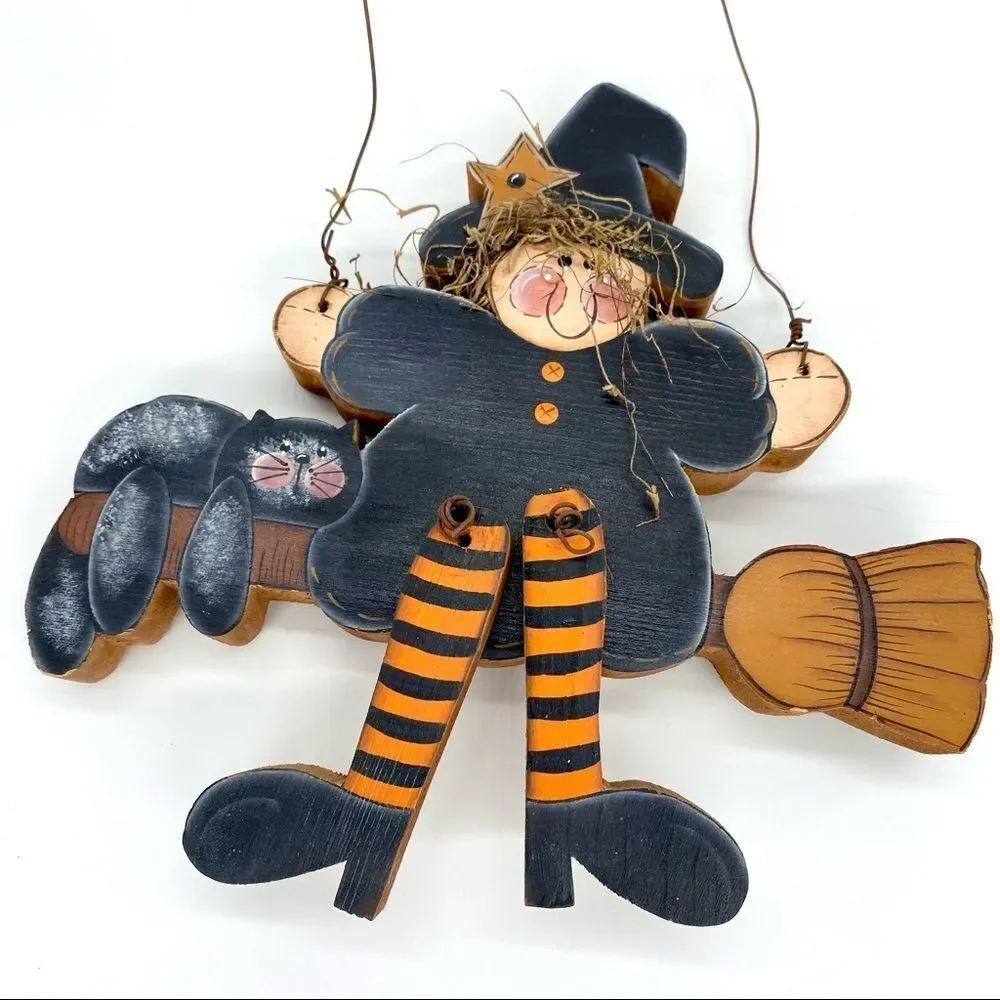 Rustic Halloween Witch Cat Primitive Country Wood Wall Decor